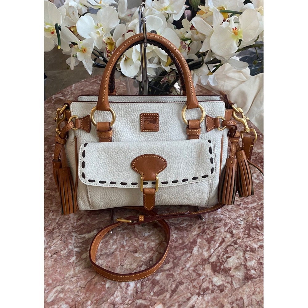 New Dooney And Bourke Florentine White/Tan Leather Medium Pocket Satchel, $395